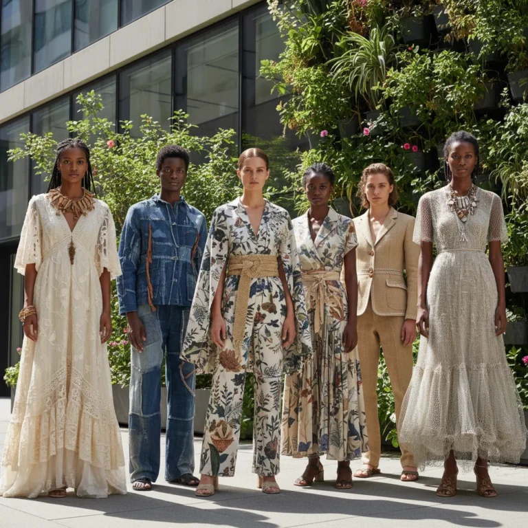 Models wearing sustainable fashion in an urban green space, highlighting eco-friendly clothing choices.
