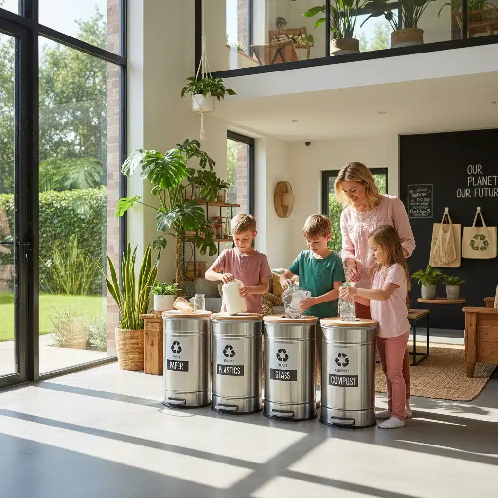 Family engaging in sustainable living and recycling at home