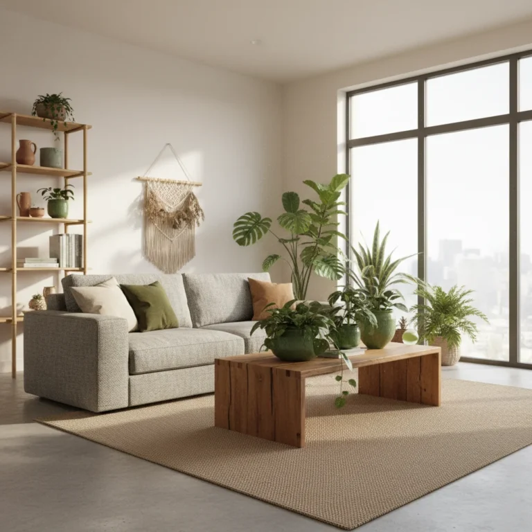Modern living room with sustainable furniture and natural light
