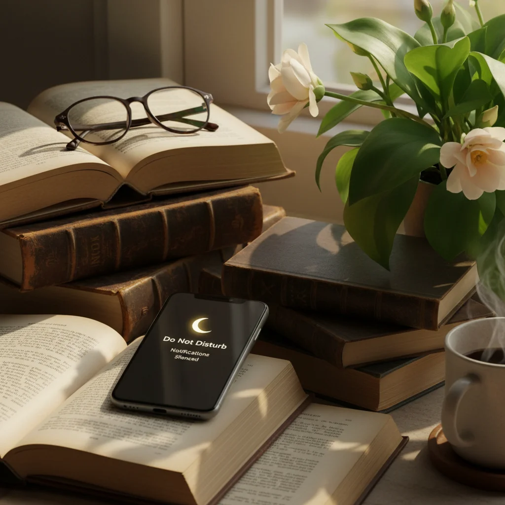 Smartphone on do not disturb, surrounded by books and plant, representing tech boundaries