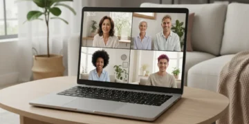 Diverse individuals participating in a virtual mental health therapy session in 2026, highlighting telehealth accessibility.