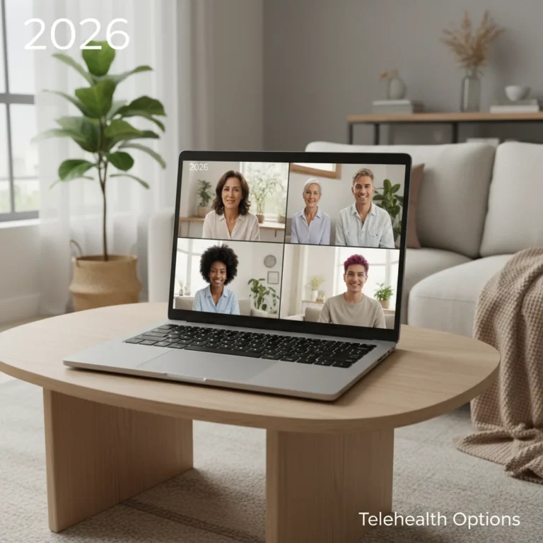 Diverse individuals participating in a virtual mental health therapy session in 2026, highlighting telehealth accessibility.