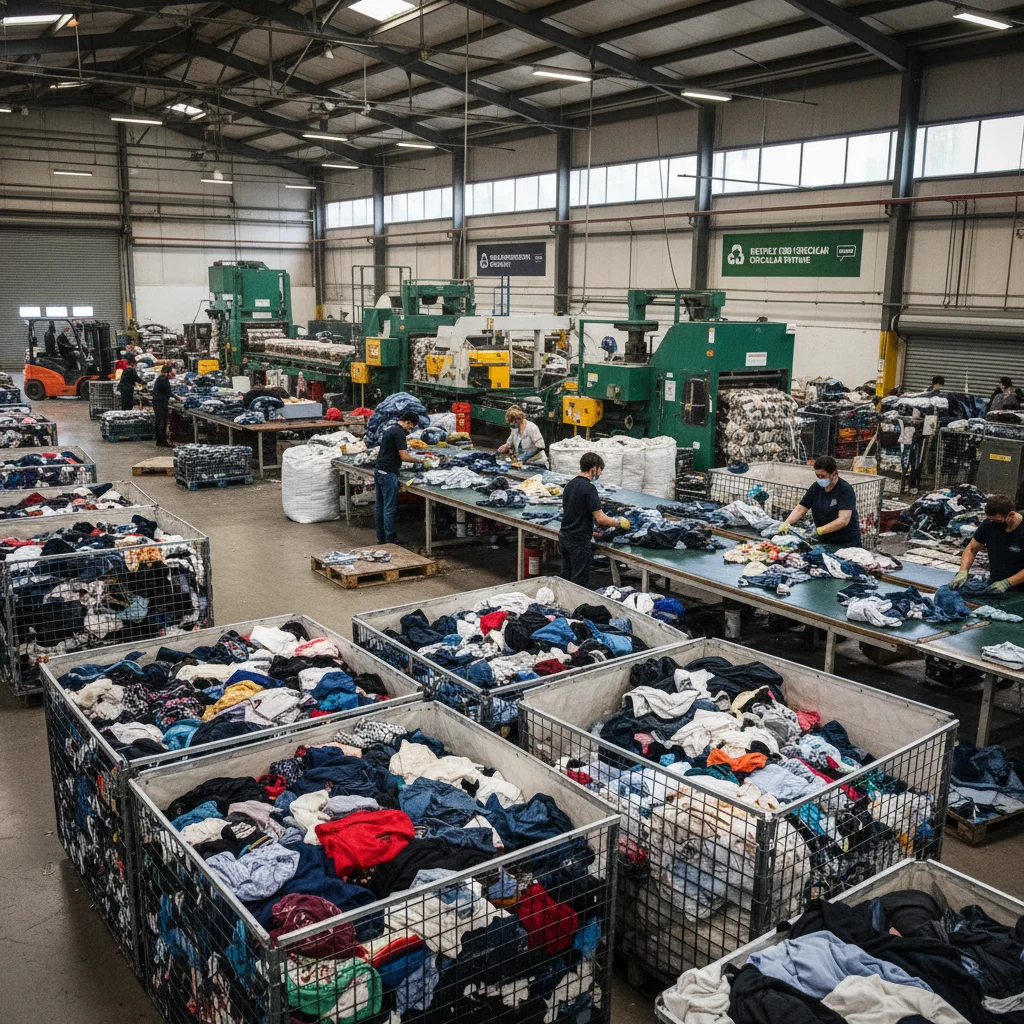 Textile recycling facility with workers sorting used clothes, emphasizing circular fashion.