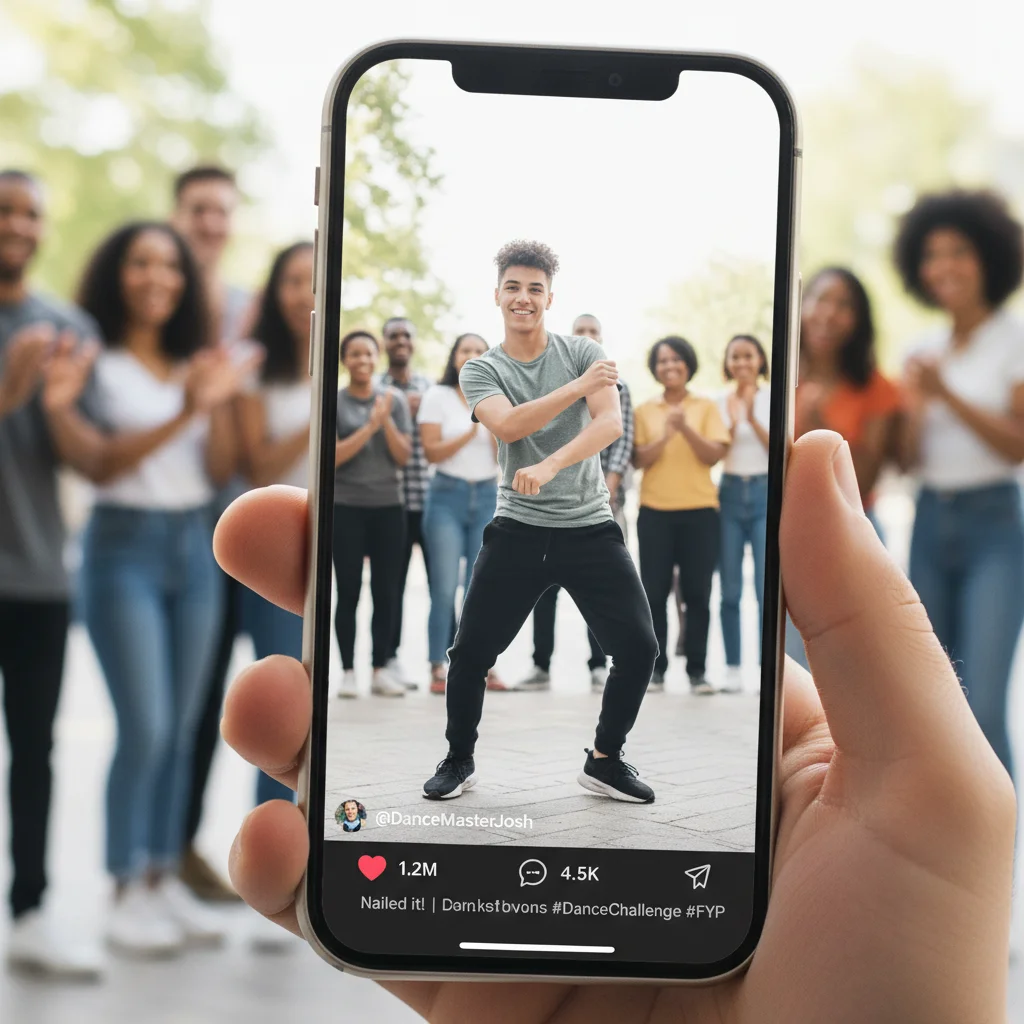 Person successfully completing a trending TikTok dance challenge on a smartphone screen, showcasing user engagement.