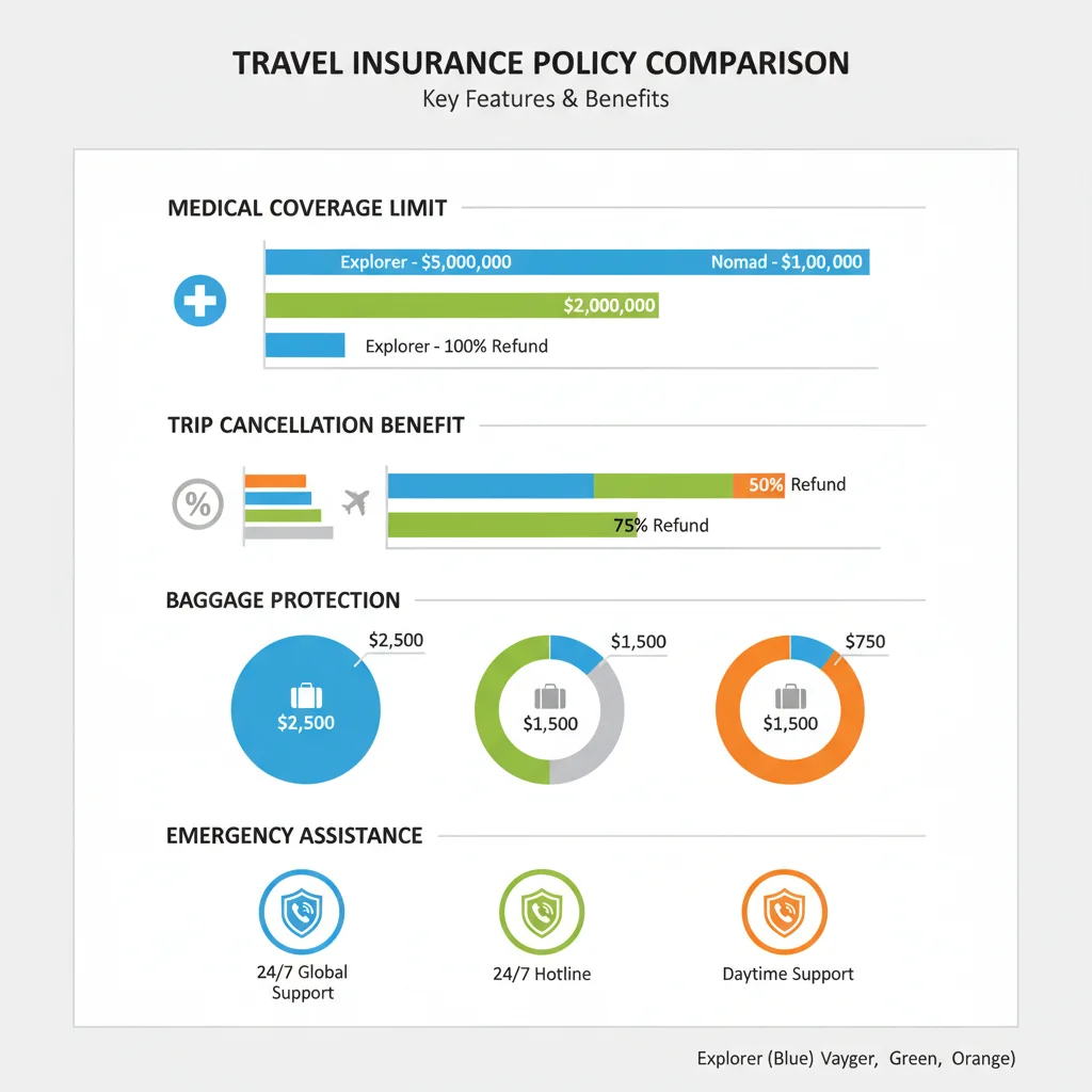 Infographic comparing medical, cancellation, and baggage benefits of three travel insurance plans