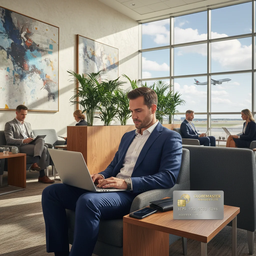 Business traveler in airport lounge with hotel loyalty credit card