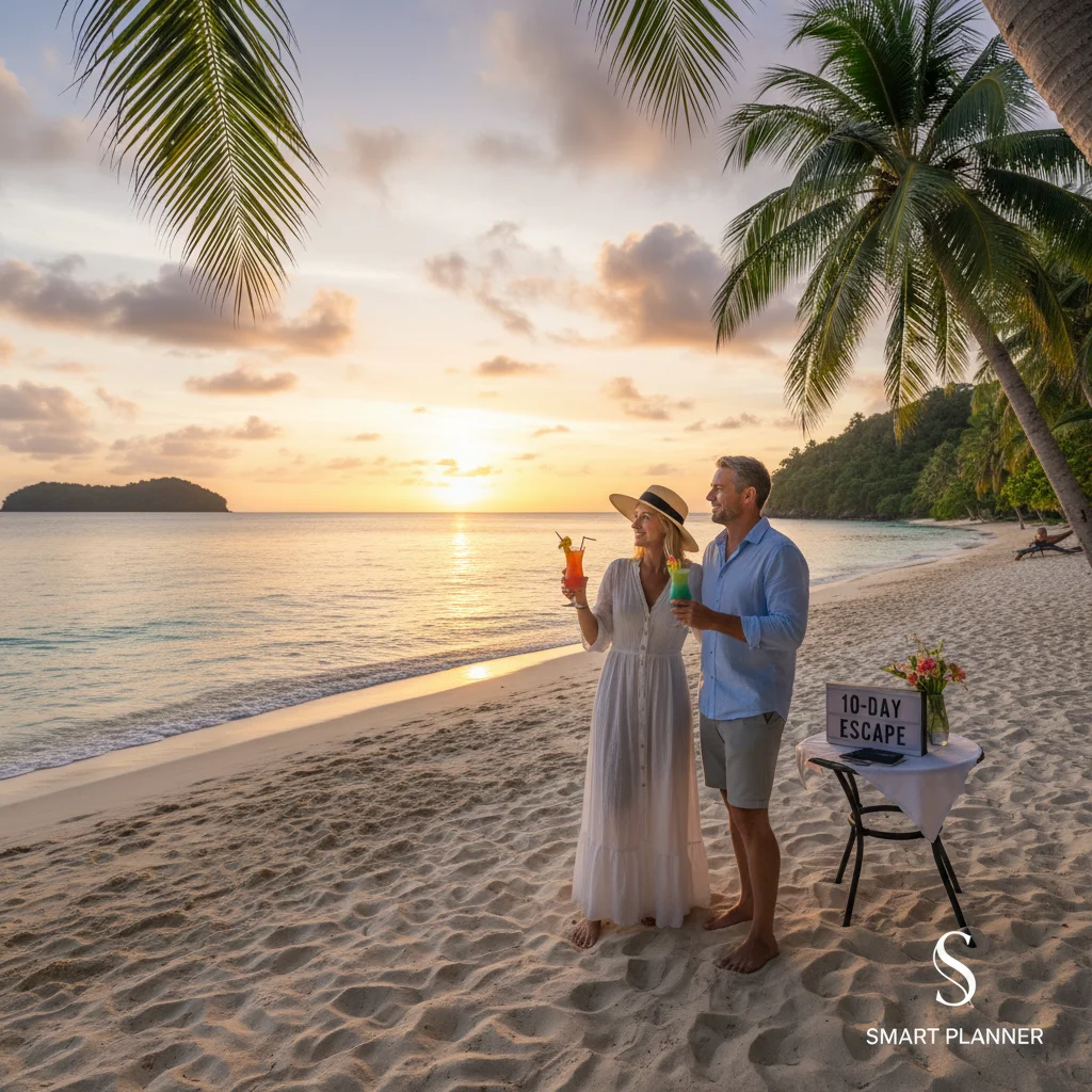 Relaxing couple on a tropical beach during a 10-day getaway