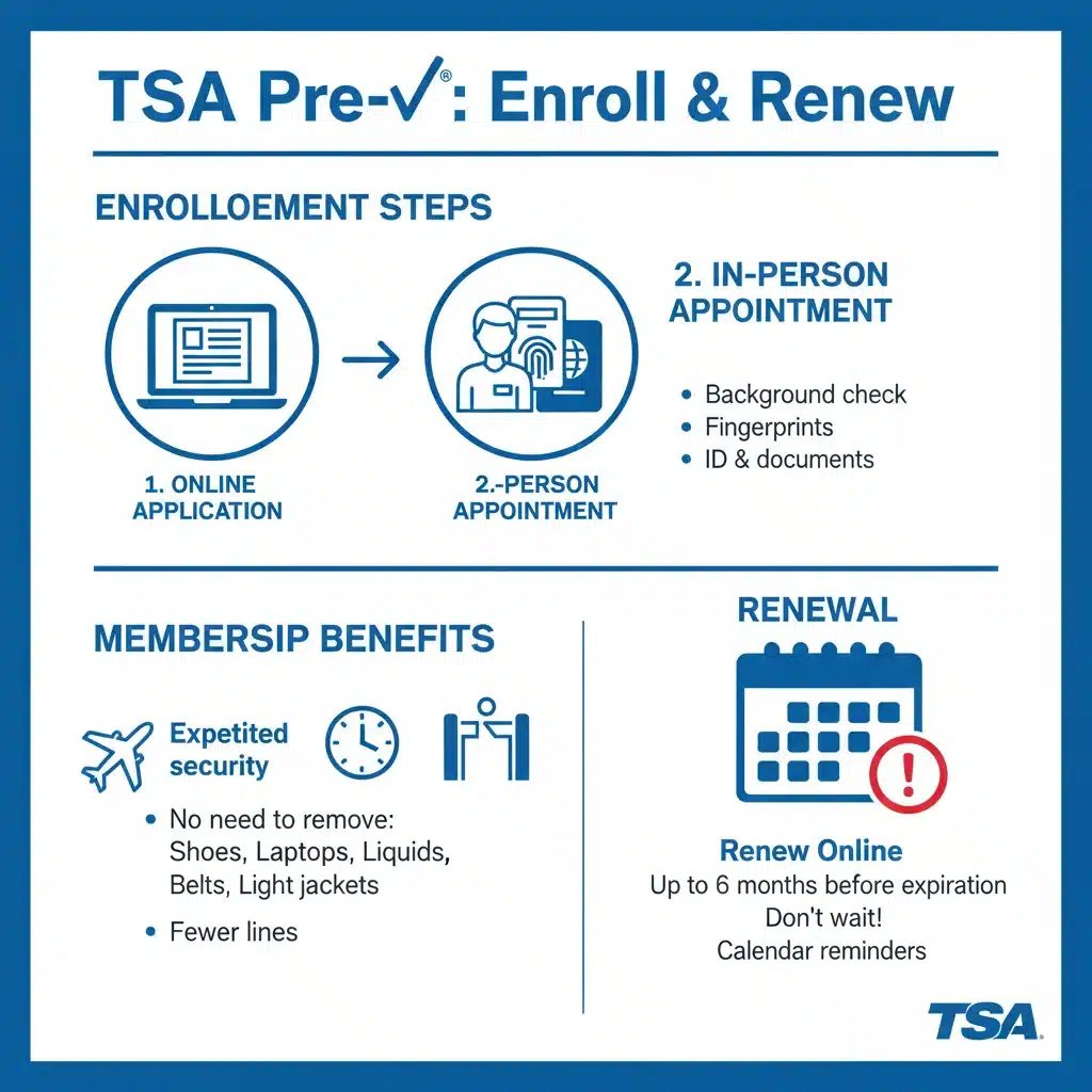 Infographic detailing TSA PreCheck enrollment and renewal process.