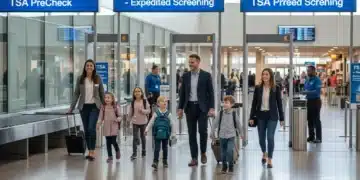 Travelers using the efficient TSA PreCheck lane at an airport, highlighting speed and convenience.
