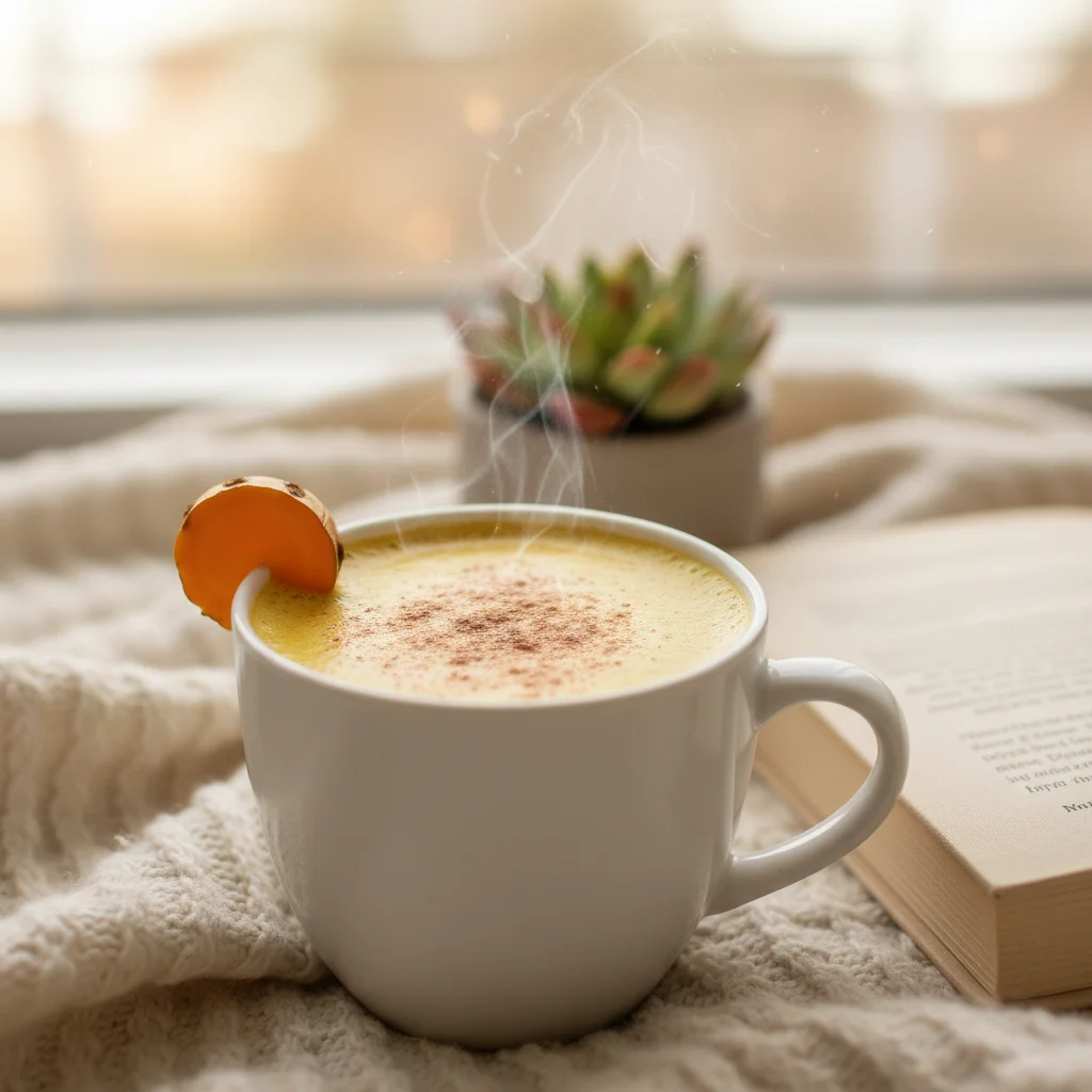 Golden turmeric latte with cinnamon and turmeric slice