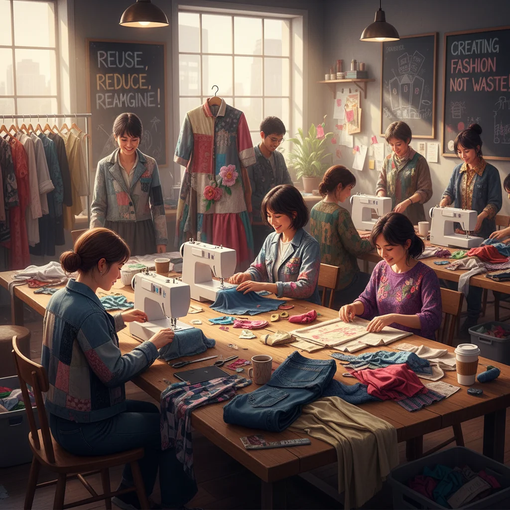 People upcycling old clothes in a community workshop, promoting circular fashion