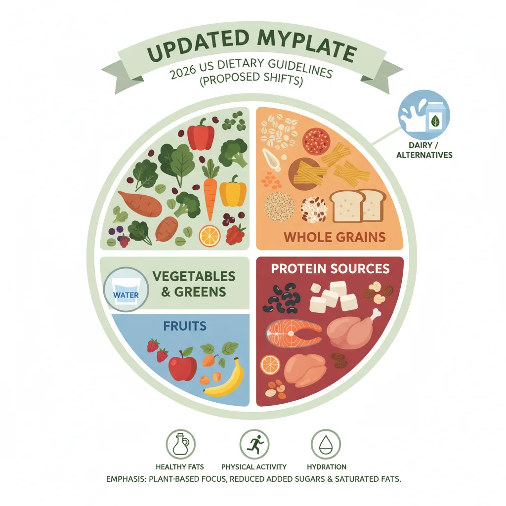 Modern MyPlate infographic with updated food group proportions, reflecting new dietary recommendations.