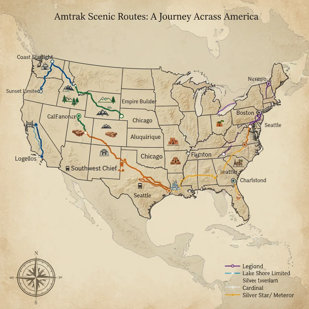 Map of United States showing various Amtrak scenic train routes