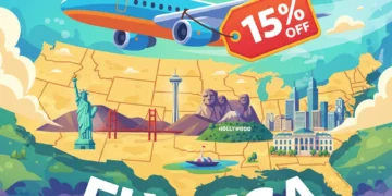 Unlock 15% Off US Flight Tickets 2026: Expert Booking Hacks Revealed Airplane flying over a map of the US with a 15% discount tag, symbolizing flight savings.