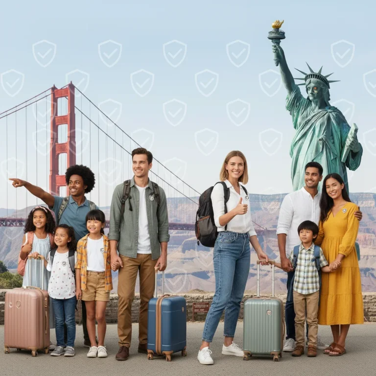 Diverse travelers with US landmarks, symbolizing comprehensive US travel insurance