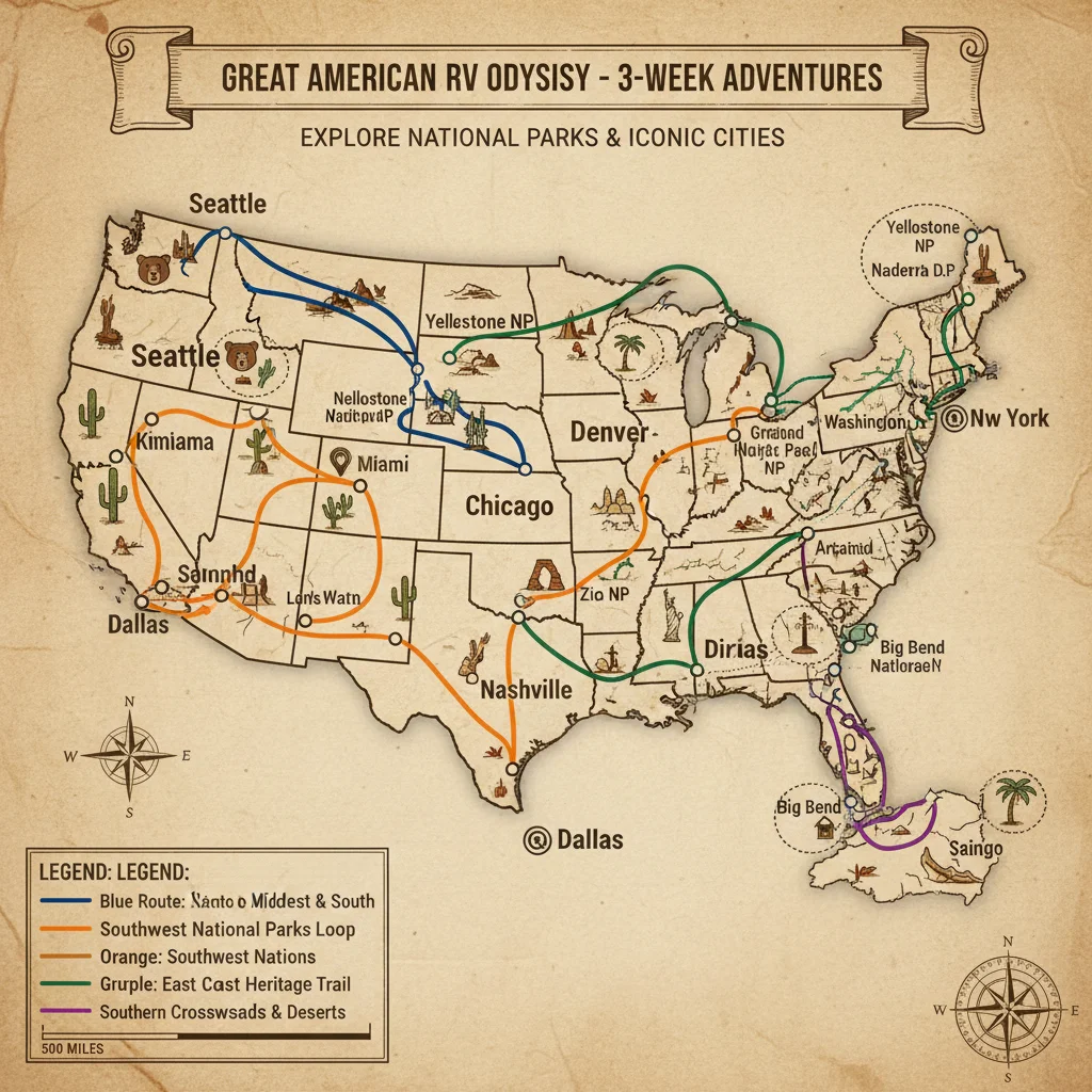 Detailed map of USA showing 3-week RV travel routes and national parks