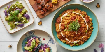 Foodie Alert: 3 Unexpected Culinary Trends Dominating Menus Across the US This Spring Vibrant culinary trends flat lay with global fusion, plant-based, and fermented dishes.