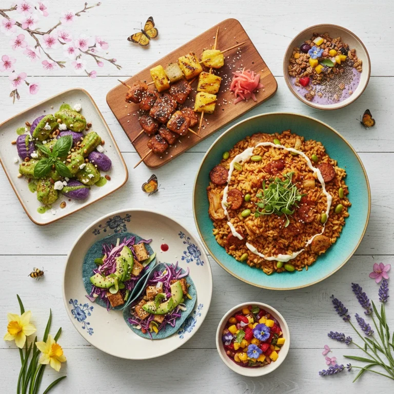 Vibrant culinary trends flat lay with global fusion, plant-based, and fermented dishes.