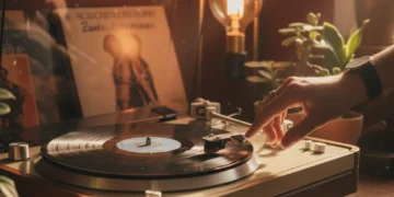 Vintage turntable spinning a vinyl record with warm lighting, showcasing the analog music experience.