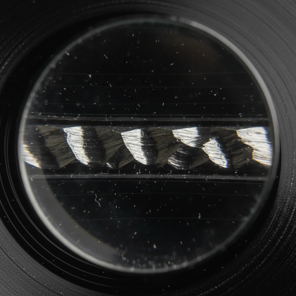 Close-up of a vinyl record groove, showing the intricate physical data for sound.
