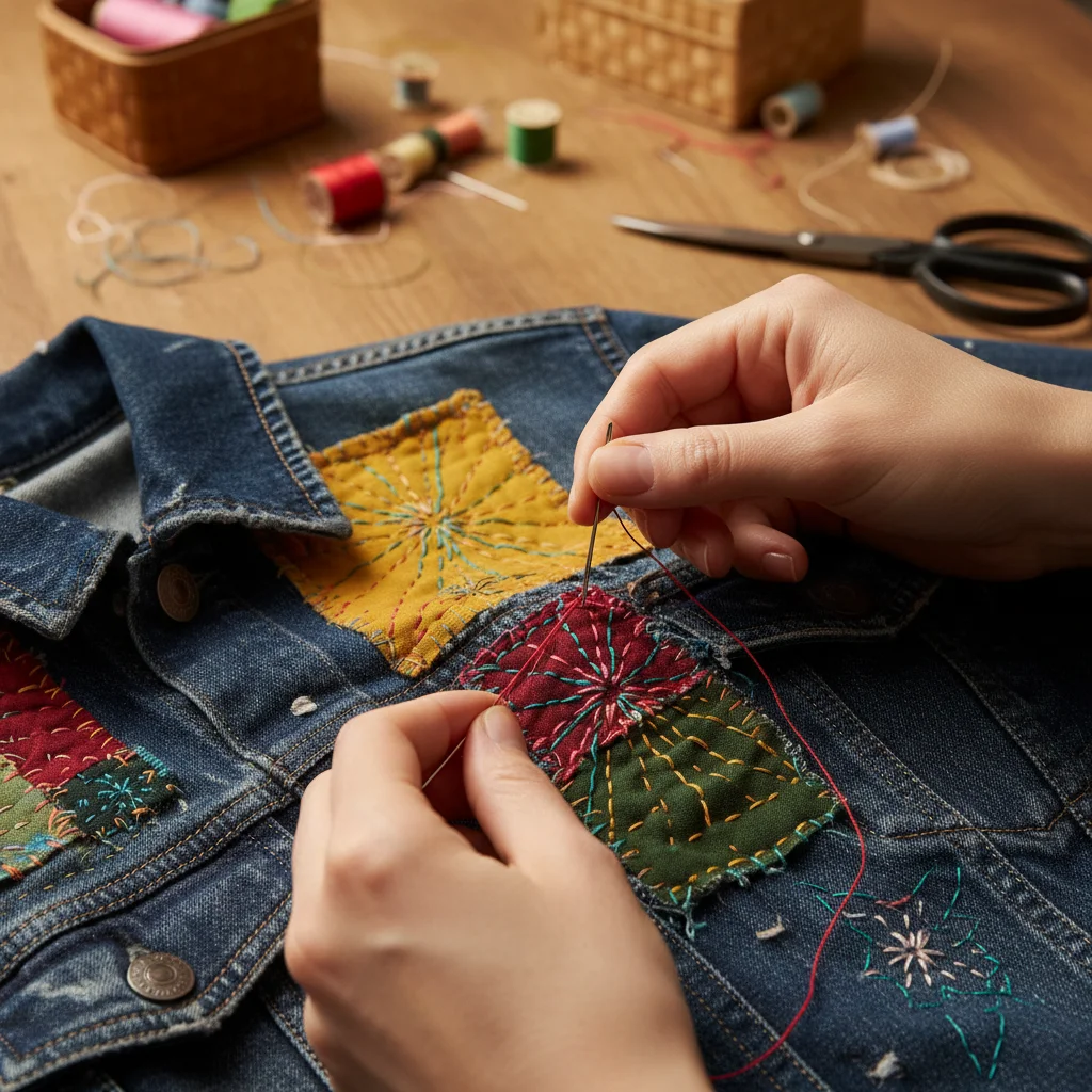 Hands visibly mending a garment with colorful thread and patches, promoting clothes longevity.