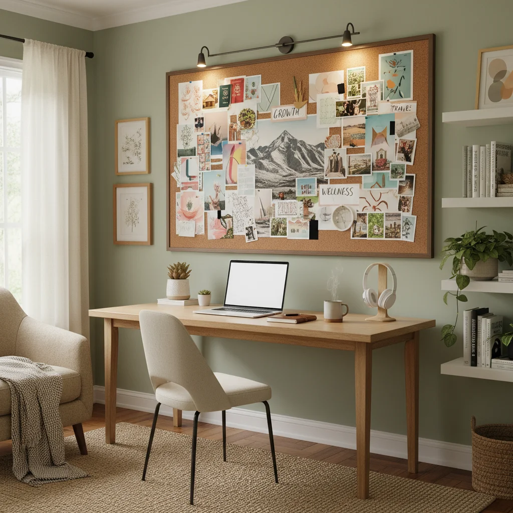 Completed vision board displayed in a home office
