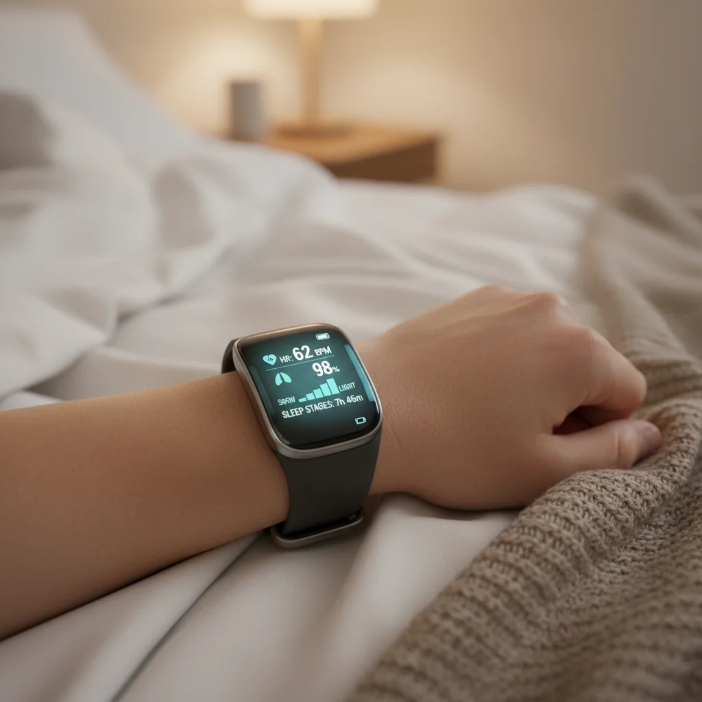 Wearable sleep tracker monitoring biometric data on a person's wrist