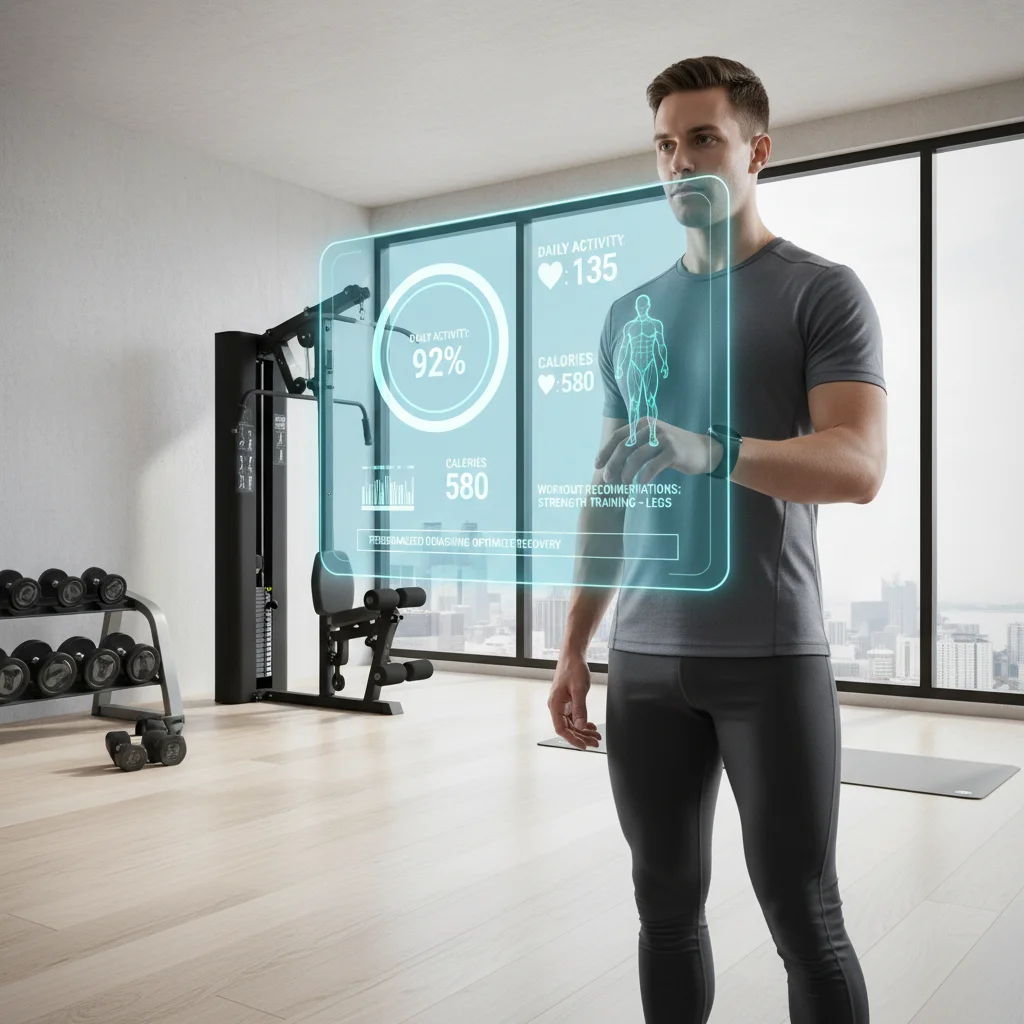 Person using a wearable device with a holographic display for personalized health data and workout recommendations.