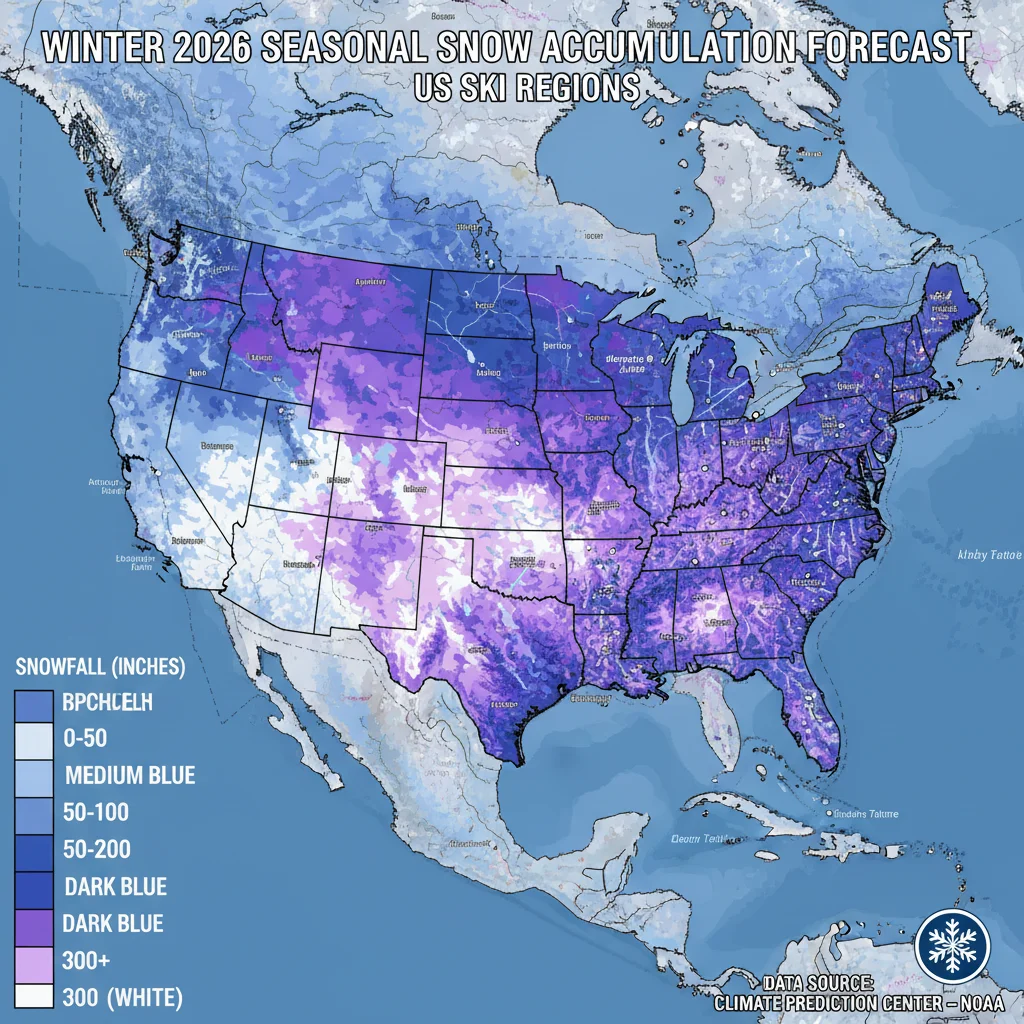 Winter 2026 US snow accumulation forecast map for ski regions