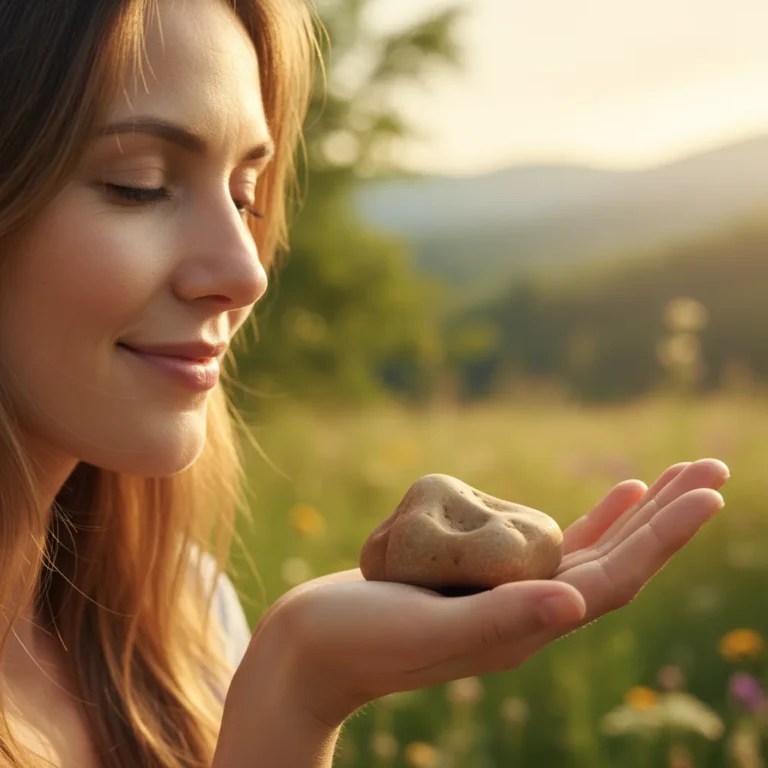 Woman finding peace embracing an imperfect stone, symbolizing self-acceptance