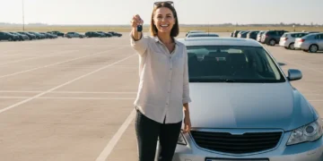 Woman with car keys in front of rental car, ready for travel