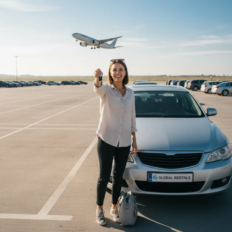 Woman with car keys in front of rental car, ready for travel