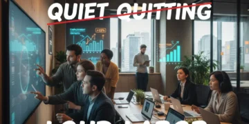 Professionals actively engaged in a modern office, symbolizing the shift from quiet quitting to loud labor and future workforce dynamics.