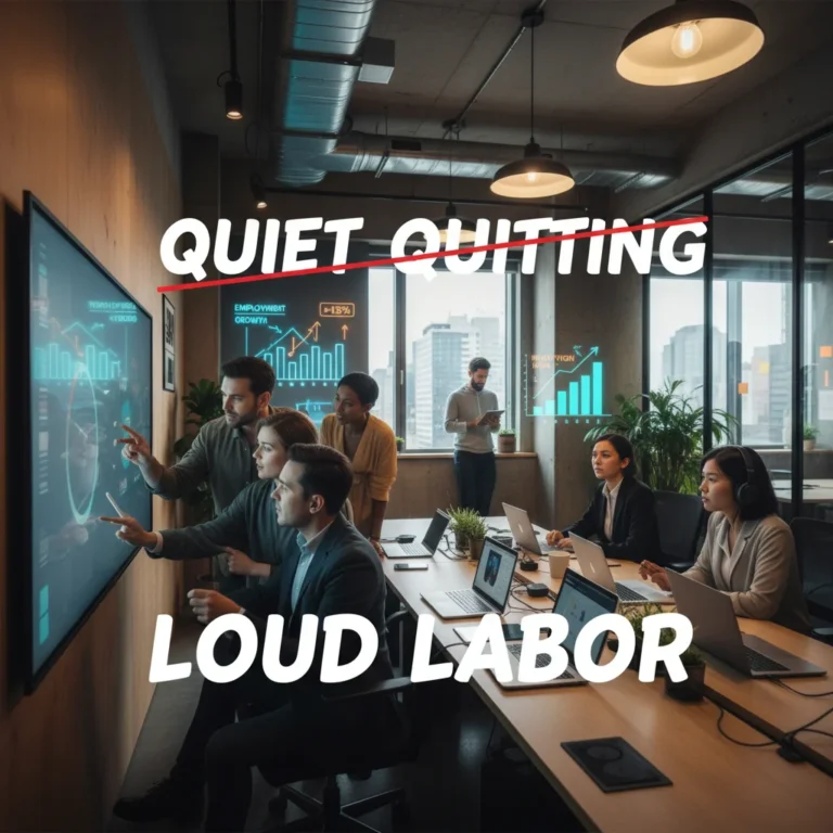 Professionals actively engaged in a modern office, symbolizing the shift from quiet quitting to loud labor and future workforce dynamics.