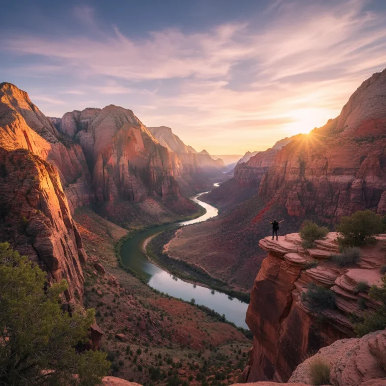 Zion National Park sunrise panorama with river and hiker