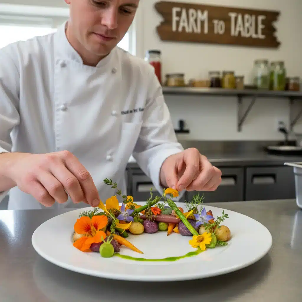 Chef plating a farm-to-table dish with local seasonal vegetables