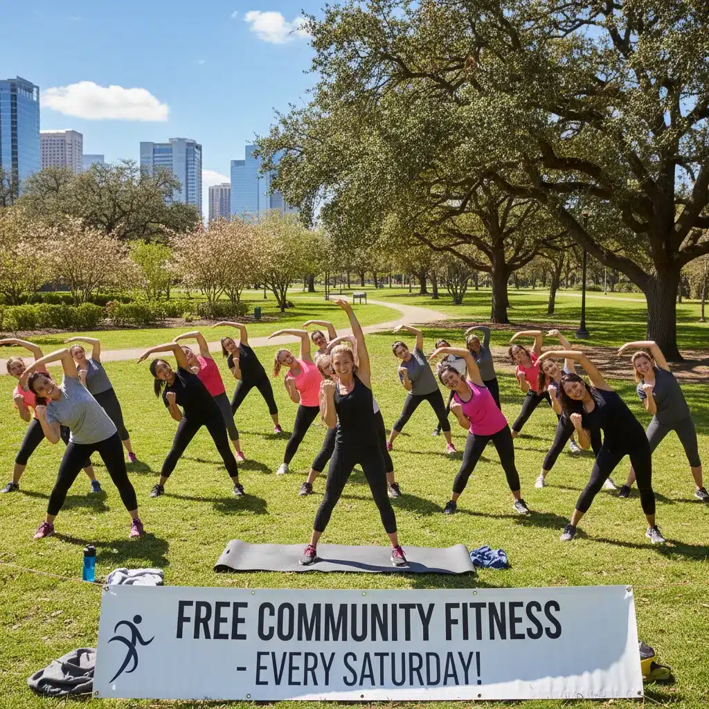 Community fitness class in park, group exercising together