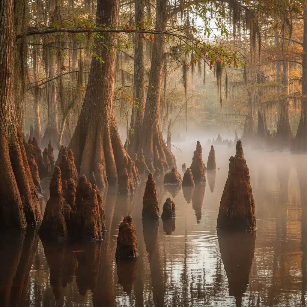 Cypress trees with 'knees' in a misty swamp at Congaree National Park.