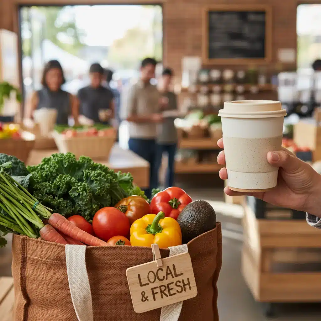 Hands holding reusable coffee cup and canvas bag with local produce, symbolizing conscious consumption.