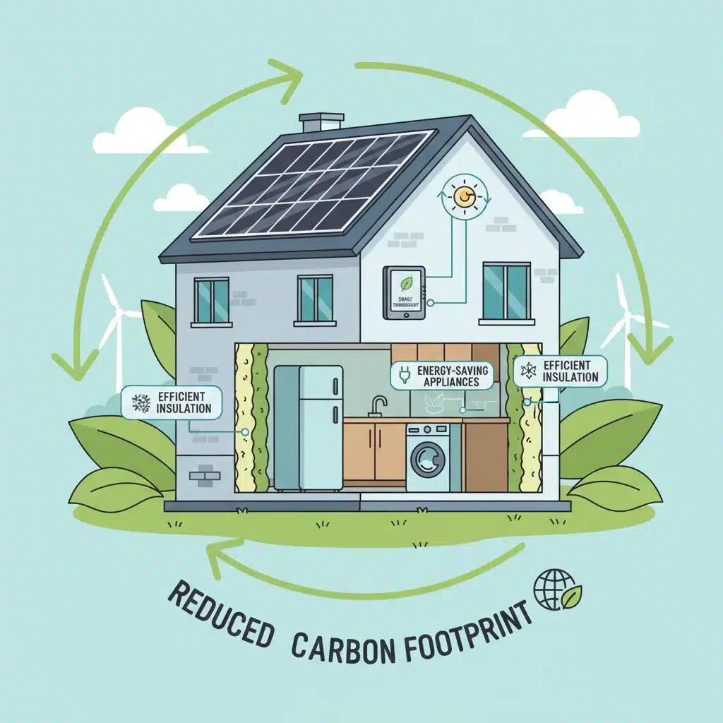 Illustration of an energy-efficient smart home with solar panels and eco-friendly features.