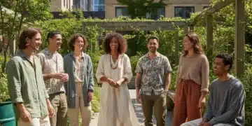 Models wearing sustainable fashion in an urban garden setting, representing ethical fashion in the US.