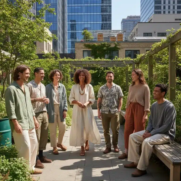 Models wearing sustainable fashion in an urban garden setting, representing ethical fashion in the US.