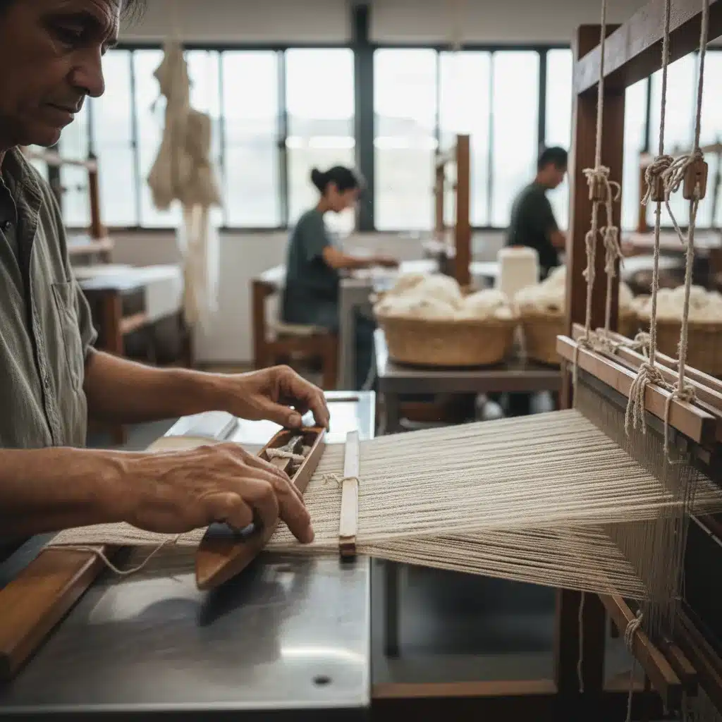 Hands weaving natural fibers on a loom, illustrating ethical textile production.
