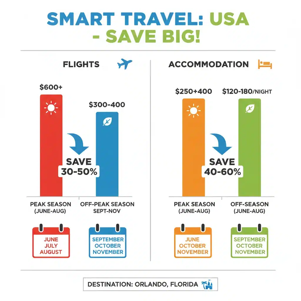 Infographic comparing peak vs. off-peak travel costs for flights and hotels, showing significant savings.