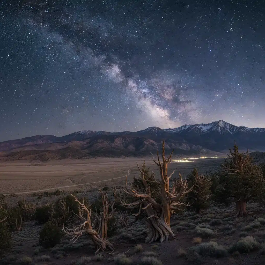 Aerial view of Great Basin National Park, contrasting desert and snowy peaks with ancient bristlecone pines.