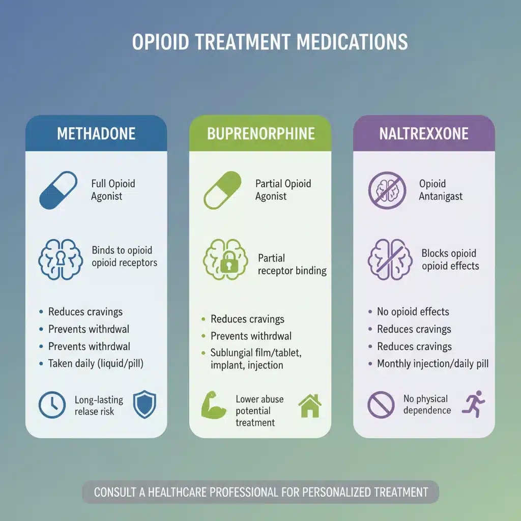 Infographic detailing various medication-assisted treatment options for opioid use disorder.
