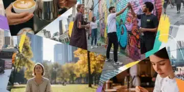 Vibrant collage showcasing various micro-experiences in an urban setting, highlighting modern leisure trends.