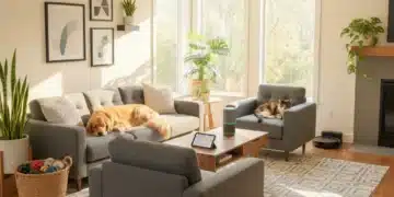 Golden retriever and calico cat relaxing in a pet-friendly modern living room with smart home tech.