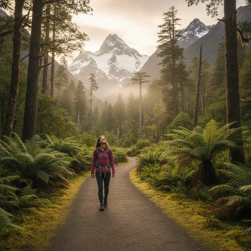 Happy traveler hiking a quiet trail in a national park during off-peak season, enjoying nature.