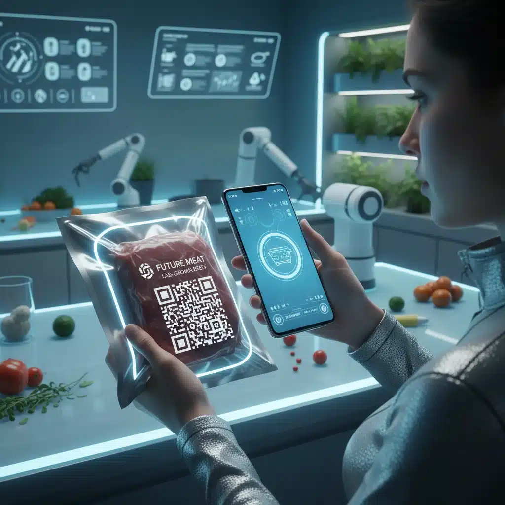 Person scanning cultivated meat package with smartphone